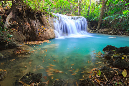 Deep forest Waterfall in Kanchanaburi (Huay Mae Kamin), Thailand © bomboman