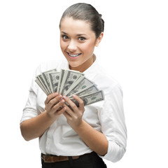 thoughtful businesswoman holding money