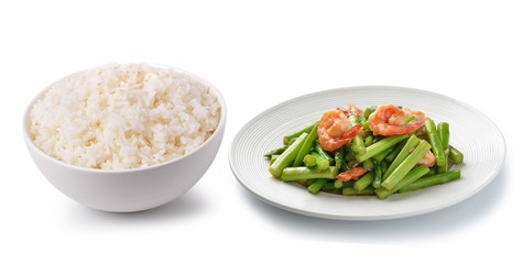 rice in a white bowl and thai food isolated on white background