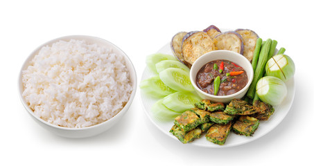 rice in a white bowl Chili paste thai style  ( healthy food )
