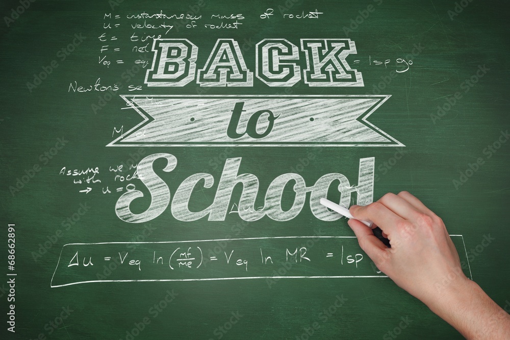 Poster composite image of hand writing with chalk