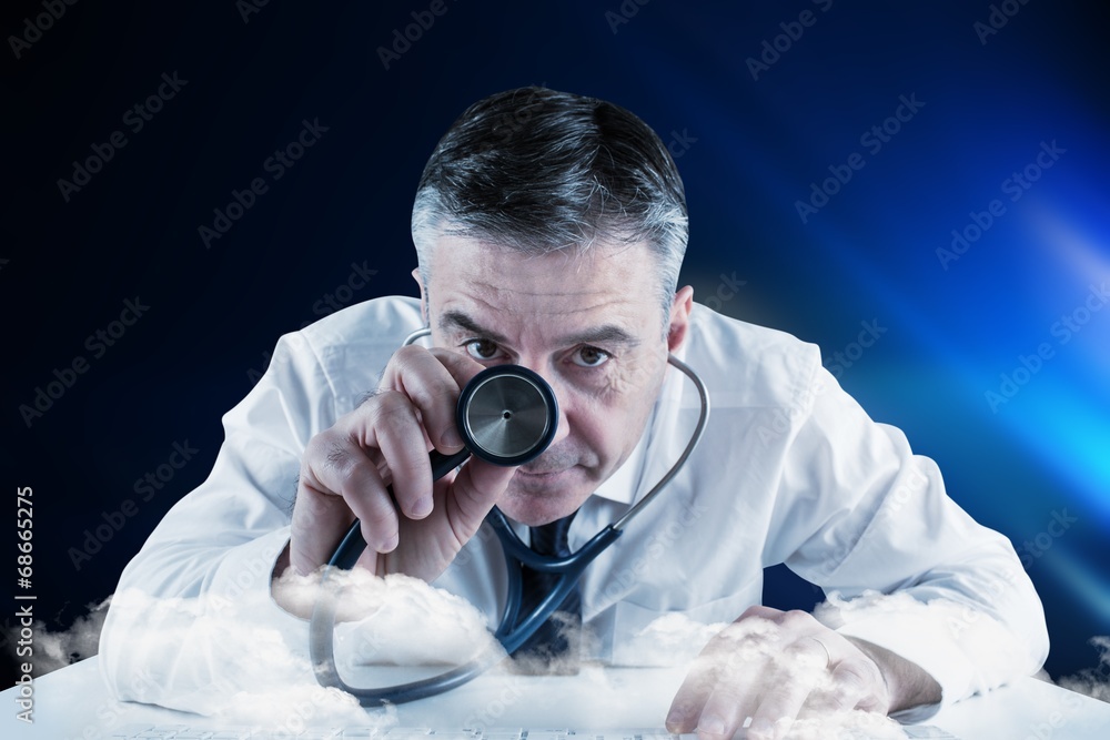 Poster composite image of mature businessman running diagnostics