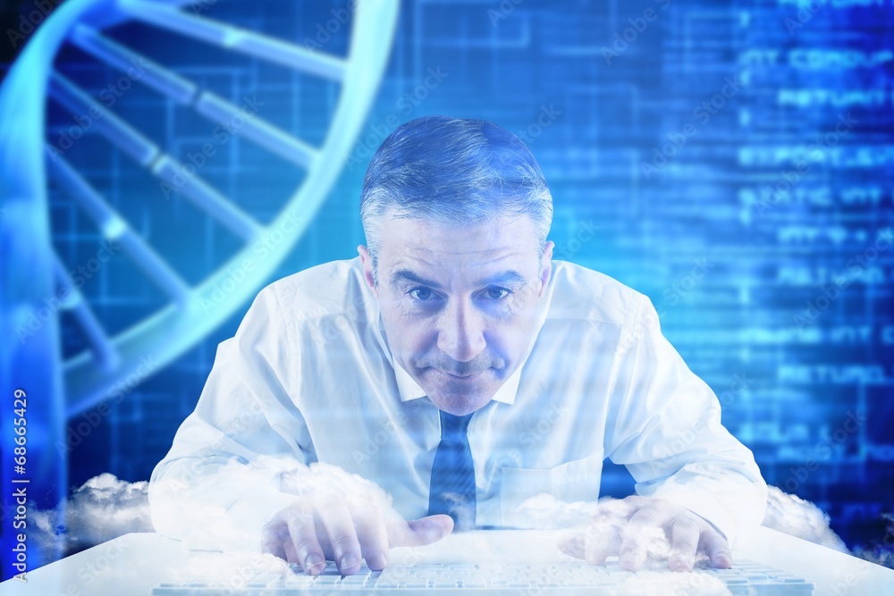 Poster Composite image of mature businessman typing on keyboard