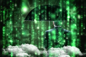 Composite image of mature businessman holding an umbrella