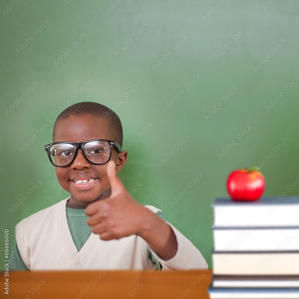 Poster composite image of cute pupil showing thumbs up