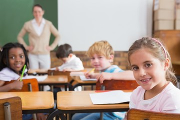 Fototapeta na wymiar Pupils and teacher smiling at camera in classroom