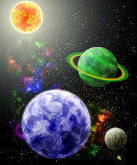 Planets in space. Planets, sun, earth, moon on a starry dark sky.