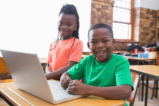 Cute pupils using laptop in classroom
