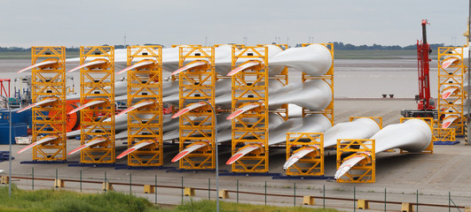 Many rotor blades for huge wind turbines in harbour