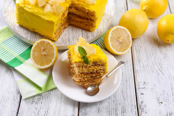 Tasty lemon dessert on wooden table