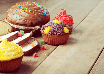 Easter bread and  cakes on the wooden table