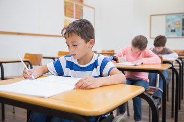 Fototapeta na wymiar Disabled pupil writing at desk in classroom