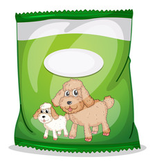 A green dogfood pouch with an empty label