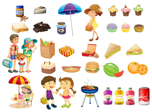 Set of things and foods for a picnic