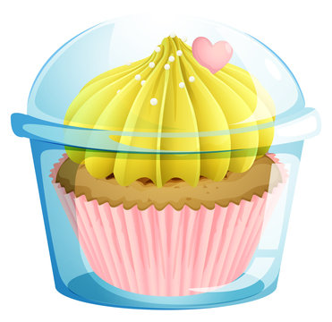 A cupcake inside the transparent container