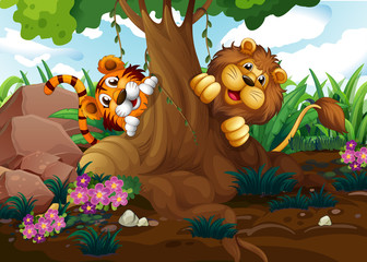 A tiger and a lion playing at the forest