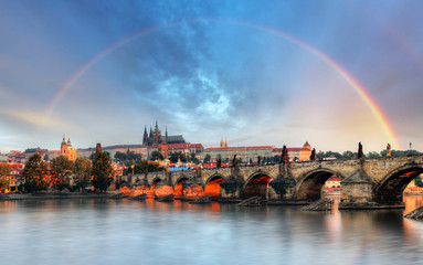 Fototapeta premium Rainbow over Prague castle, Czech republic