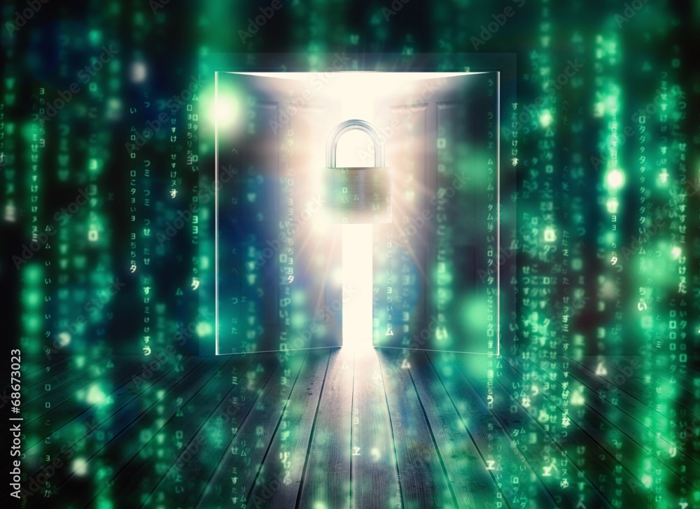 Aufkleber composite image of lines of green blurred letters falling