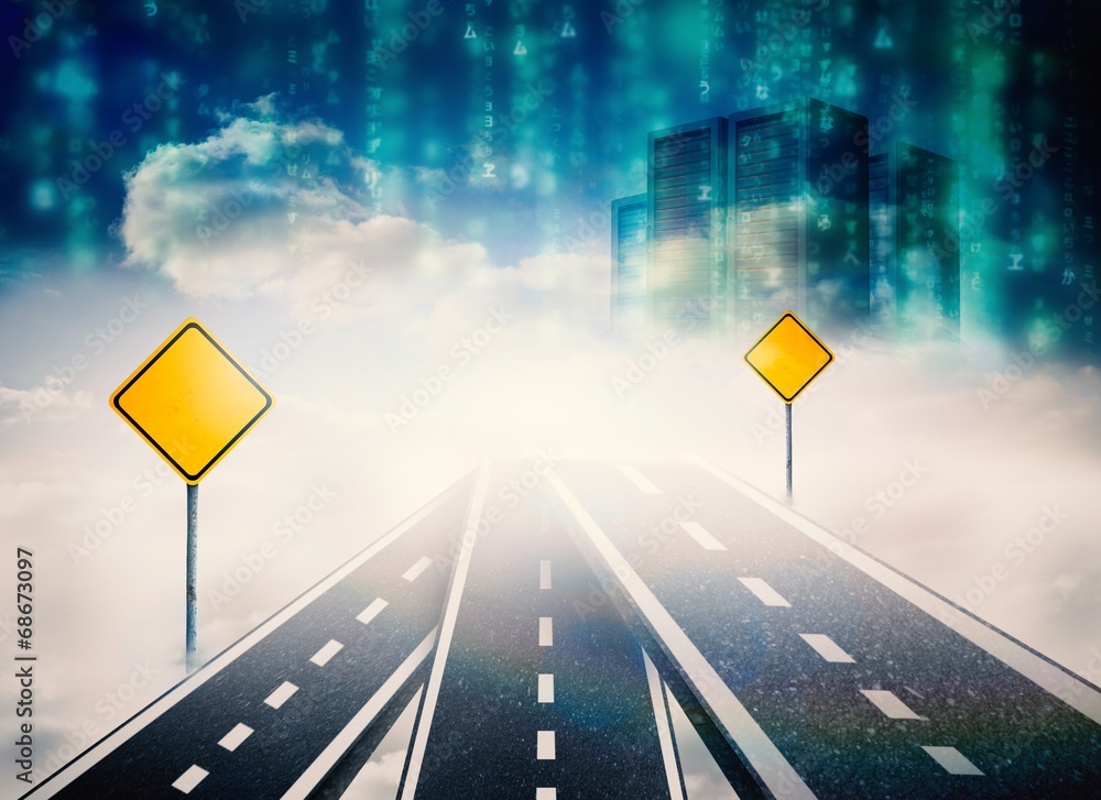 Poster composite image of road over clouds with road signs on it