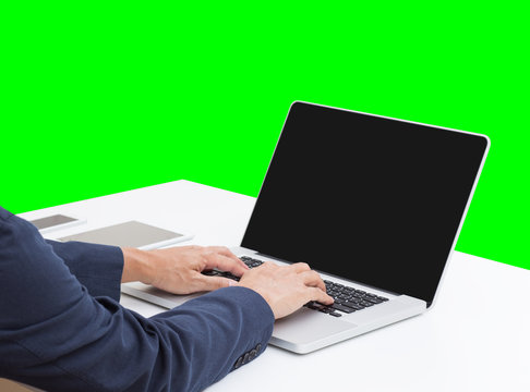 Business Man Hands Typing On Laptop Computer With Green Screen B