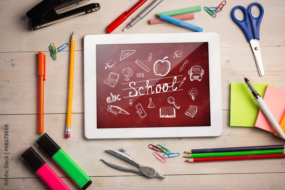 Poster composite image of digital tablet on students desk