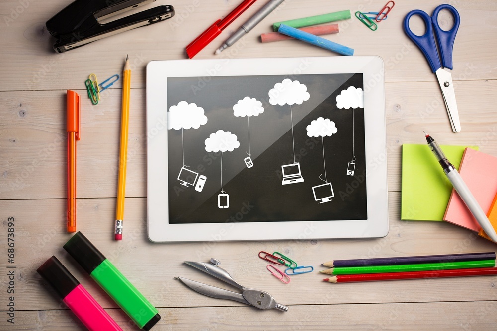 Poster composite image of digital tablet on students desk