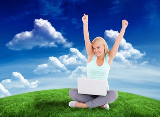 Composite image of joyful woman with a notebook