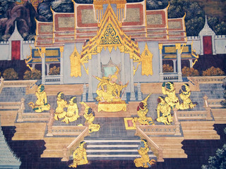 A scene from the Ramakien in Wat Phra Kaew, Bangkok, Thailand