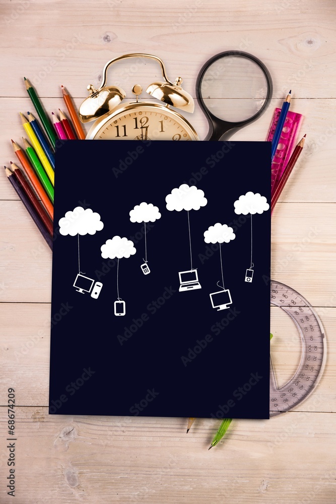 Poster Composite image of media devices hanging from clouds
