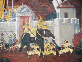 A scene from the Ramakien in Wat Phra Kaew, Bangkok, Thailand