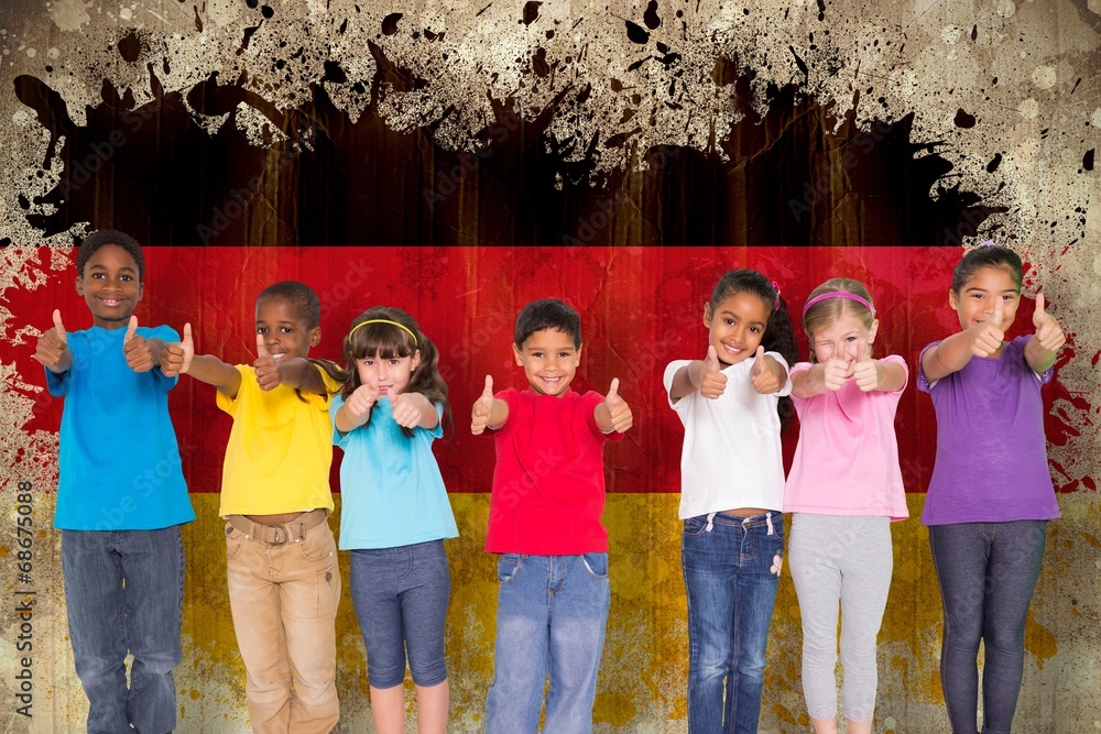Poster Composite image of elementary pupils smiling showing thumbs up