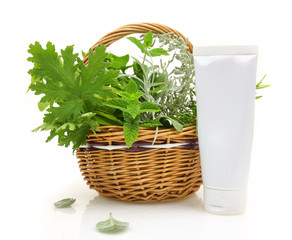 Fresh herbs in wicker basket and cream tube
