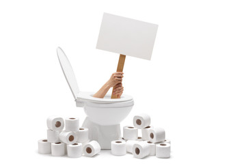Hands holding a blank banner from a toilet