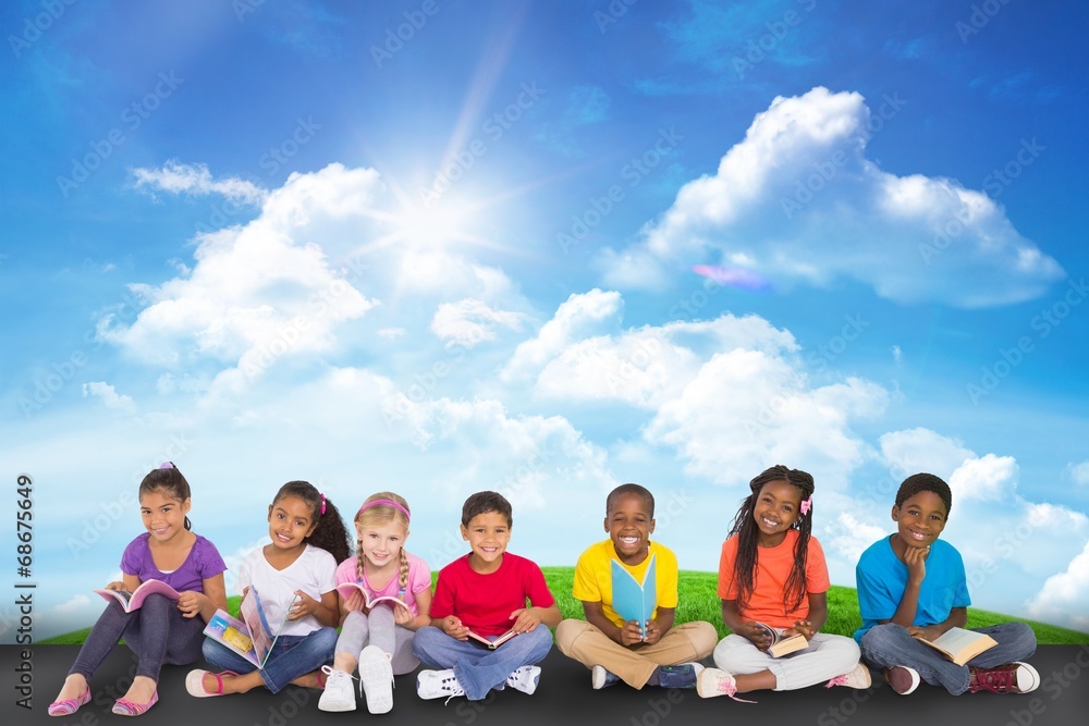 Poster composite image of cute pupils smiling at camera with books