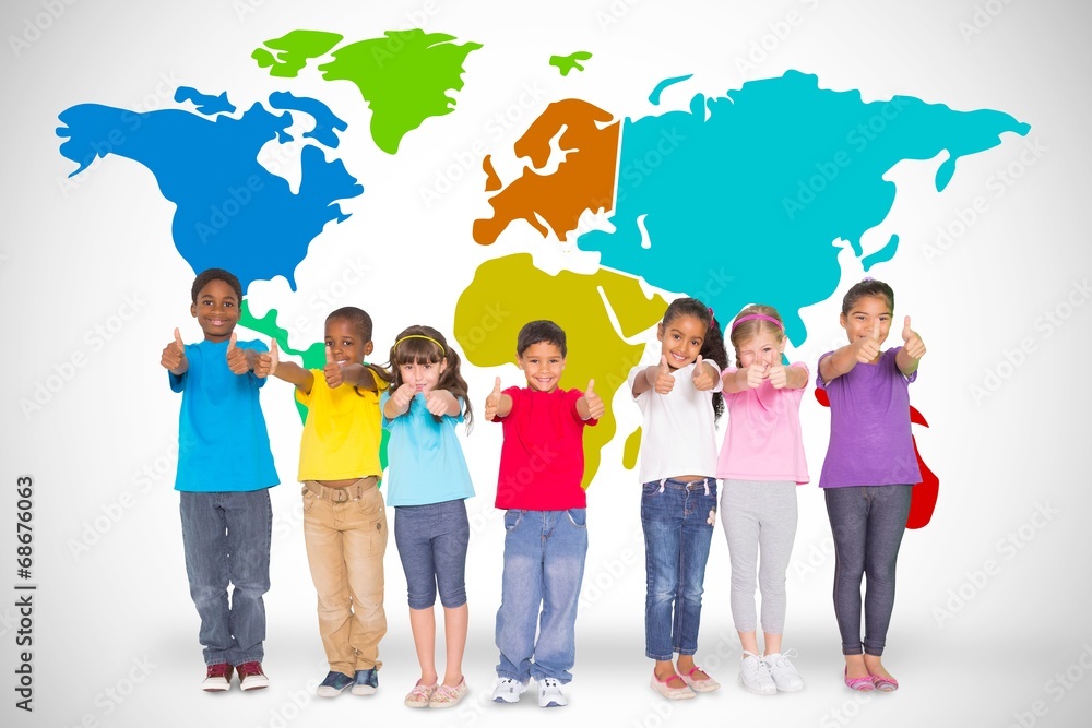 Poster Composite image of elementary pupils smiling showing thumbs up