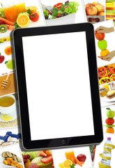 Collage with various healthy food and tablet with blank screen