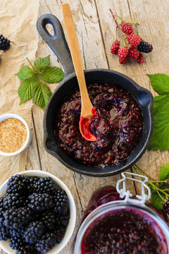 Blackberry fruits and blackberry jam