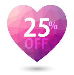 Pink heart triangular price vector bookmark 25 percent sale off.
