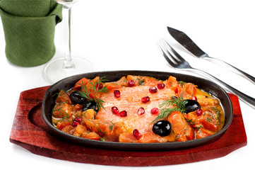 Baked salmon and vegetables.