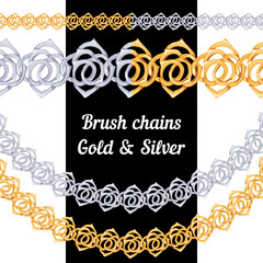 Set of chains metal brushes - gold and silver roses. vector.