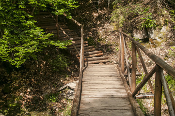 Obraz premium Wooden footbridge and stairs over mountain gully