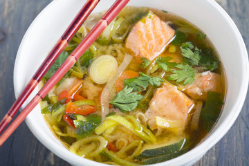 Miso soup with salmon and leek.