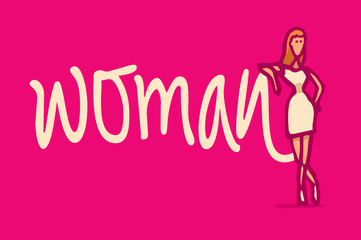 Woman leaning on word