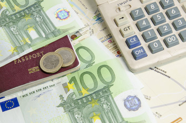 passport with bank notes and map