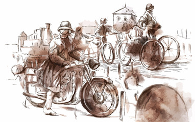 Soldiers on bicycles and a soldier on a motorcycle. Vector.
