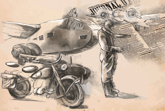 At the airport - a soldier on a motorcycle between aircraft. Vec