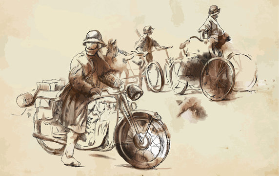 Soldiers on bicycles and a soldier on a motorcycle. Vector.