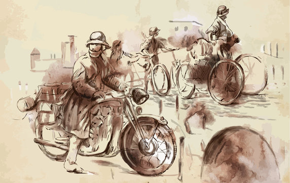 Soldiers on bicycles and a soldier on a motorcycle. Vector.