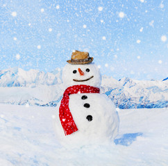 Fototapeta premium Real Snowman Outdoors In White Scenery