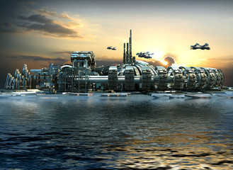 Science fiction city with metallic ring structures on water